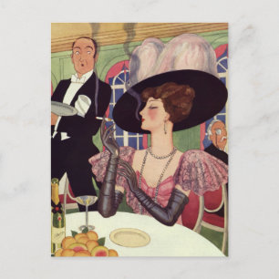 Vintage Dame raucht Zigarette und trinkt Champagne Postkarte