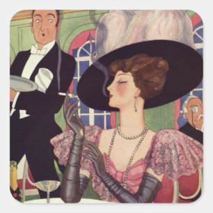 Vintage Dame raucht Zigarette und trinkt Champagne Quadratischer Aufkleber