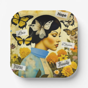 Vintage Dame, Schmetterlinge, Blumen und Inspirati Pappteller