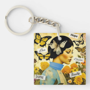 Vintage Dame, Schmetterlinge, Blumen und Inspirati Schlüsselanhänger