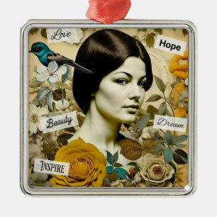 Vintage-Dame und Blaue-Vogel personalisierter Weih Ornament Aus Metall