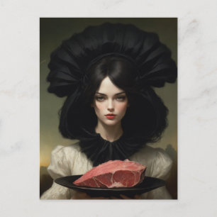 Vintage-Dame und rohes Fleisch auf dem Teller Postkarte