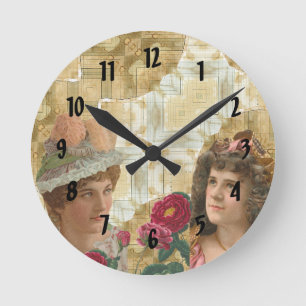 Vintage Damen auf Kaffee gefleckter Collage mit Ro Runde Wanduhr