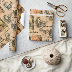 Vintage Damen in der Stadt Bleistiftzeichnung Geschenkpapier