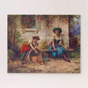 Vintage Damen in Rot-Blau und Braunhund Puzzle