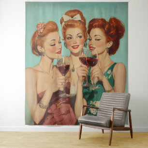 Vintage Damen Toasting mit Wein Wandteppich