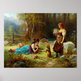 Vintage Damen und ein brauner Hund im Wald Poster