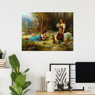 Vintage Damen und ein brauner Hund im Wald Poster