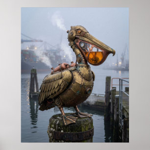 Vintage-Dampf-Pelikan-Hafen-Kunstwerk Poster
