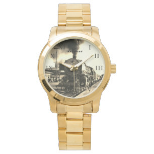 Vintage-Dampflokomotive Geburtstag Schwarz Reise Armbanduhr