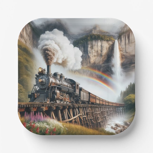 Vintage Dampflokomotive Pappteller (Vorderseite)