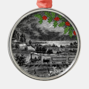 Vintage-Dampfzugzeichnung mit Stechpalme Ornament Aus Metall