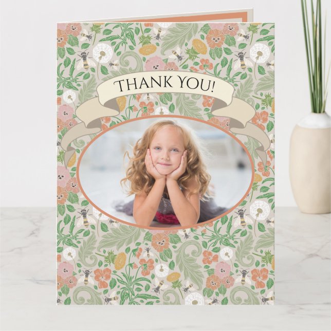 Vintage Dandelion-Stiefmütterchen Besetztes Bienen Dankeskarte (Vorderseite)