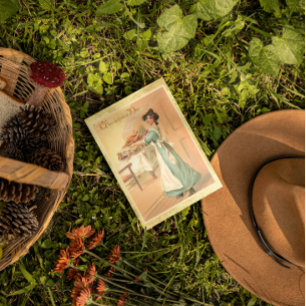 Vintage-Danksgiving-Frau mit Truthahn-Postkarte Postkarte