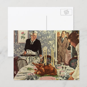 Vintage-Danksgiving-Truthahn-Essen mit der Familie Feiertagspostkarte
