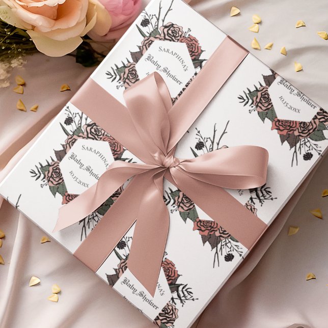 Vintage Dark Floral Baby Dusche Geschenkpapier (Elegant Gothic Baby Shower Wrapping Paper for Mother to Be. Hand Drawn Roses in Blush Pink & Leaves.)
