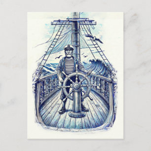Vintage Darstellung eines Seeleuten am Helm Postkarte