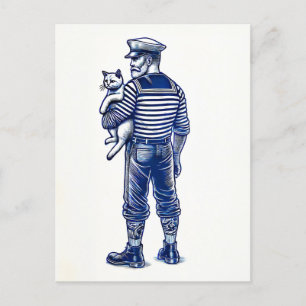 Vintage Darstellung eines Seemanns mit Katze Postkarte