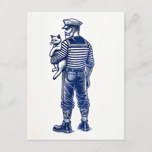 Vintage Darstellung eines Seemanns mit Katze Postkarte