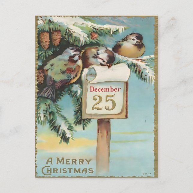 Vintage December 25th Birds & Pine Christmas Postkarte (Vorderseite)