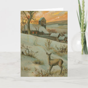 Vintage Deer Hill Schneelandschaft Dorf Weihnachte Feiertagskarte