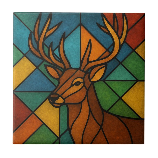 Vintage Deer Tiffany Style Stained Glass Design Fliese (Vorderseite)