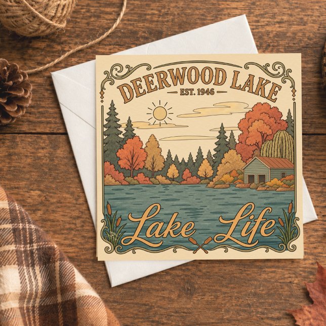 Vintage Deerwood Lake Leben Rustikal  (Rustic autumn artwork scene at Deerwood Lake with boat house by Inspirivity artist, Jennifer Wagner)