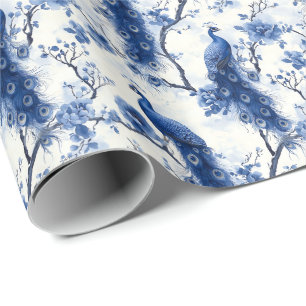 Vintage Delft-Blau Französische Chinoiserie Pfau Geschenkpapier