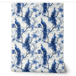 Vintage Delft-Blau Französische Chinoiserie Pfau Tapete