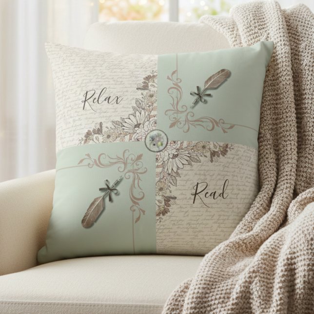 Vintage Delicate Green Elegant Manuscript Kissen (Add a fresh, calm touch to your sofa or reading chair with this soft neutral green pillow)