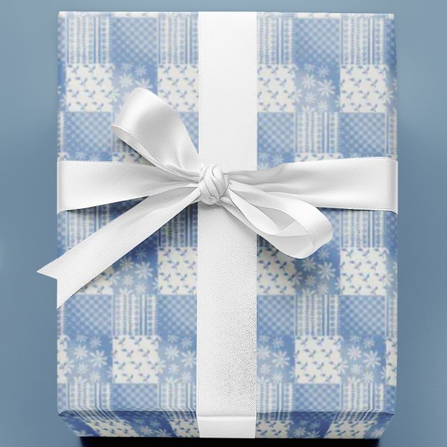 Vintage Denim Blue Creamy White Patchwork  Geschenkpapier (Fun patchwork  all occasion gift wrap!)