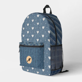 Vintage-Denim-Druck-Herzen-Karostreifen Bedruckter Rucksack