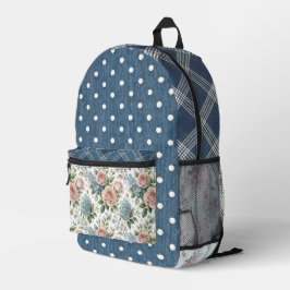 Vintage-Denim-Druck Karierter Blumen-Patchwork Bedruckter Rucksack