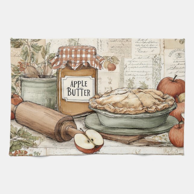 Vintage-Design Apfelbutter & Apfelkuchen.  Geschirrtuch (Horizontal)
