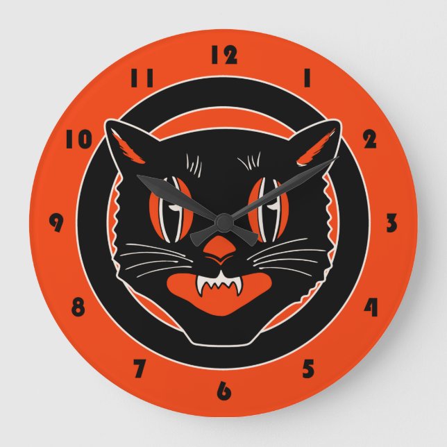 Vintage Design Bllack Cat Halloween Clock Große Wanduhr (Vorderseite)