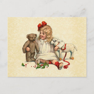 Vintage Design kleines Mädchen mit antiken Spielze Postkarte
