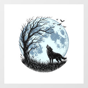 Vintage-Design mit heulendem Wolf und Mondbaum-Sil Fensteraufkleber