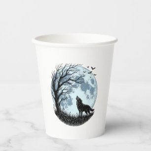 Vintage-Design mit heulendem Wolf und Mondbaum-Sil Pappbecher