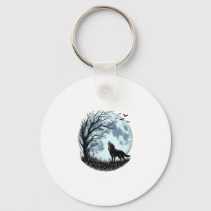 Vintage-Design mit heulendem Wolf und Mondbaum-Sil Schlüsselanhänger