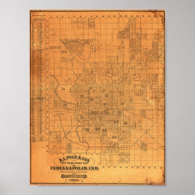 Vintage Detailed Map of Indianapolis 1885 Poster (Vorne)