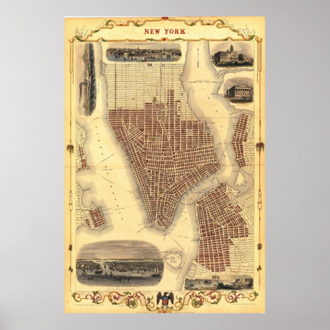 Vintage Detailed New York Map Poster 1851 (Vorne)