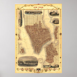 Vintage detaillierte New York-Karte Poster 1851
