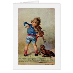 Vintage Deutsch - Junge mit Violine und Dachshund,