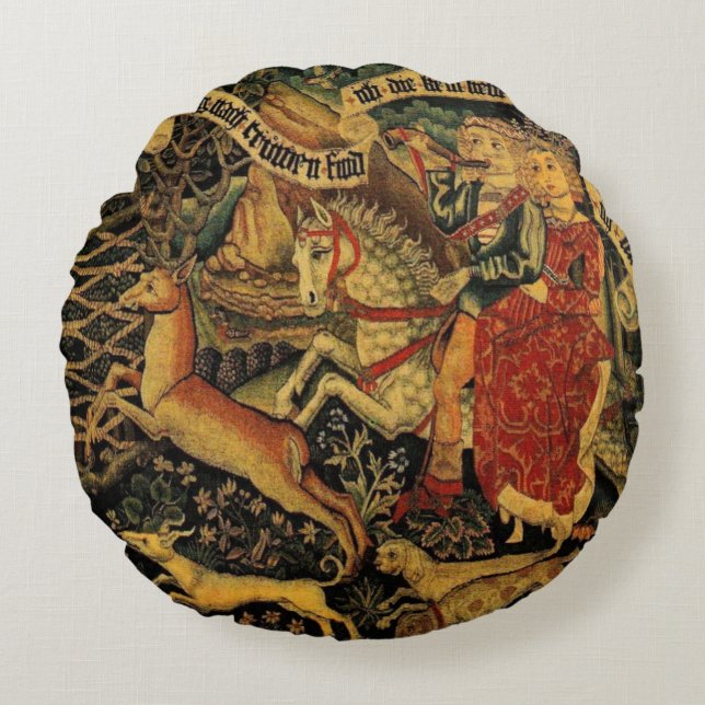 Vintage Deutsche Mittelalterliche Renaissance Lieb Rundes Kissen (Vorderseite)