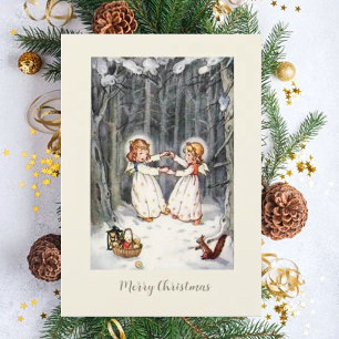 Vintage deutsche Weihnachtskarte Engel im Wald Feiertagskarte