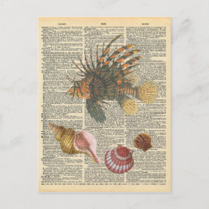 Vintage Dictionary Art Lion Fish and Beach Shells Postkarte