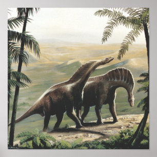 Vintage-Dinosaurier, Amargasaurus mit Palmen Poster