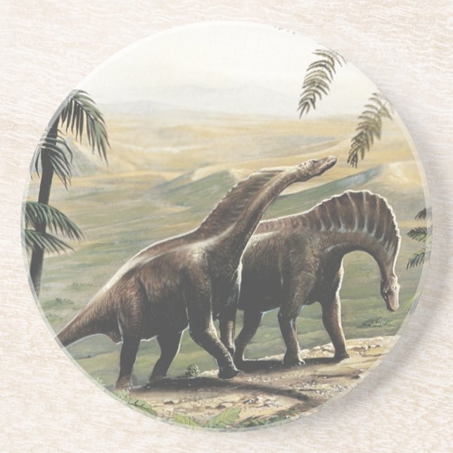 Vintage Dinosaurier, Amargasaurus mit Palmen Sandstein Untersetzer (Vorne)