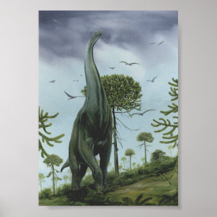 Vintage Dinosaurier, Sauroposeidon mit Vögeln flie Poster