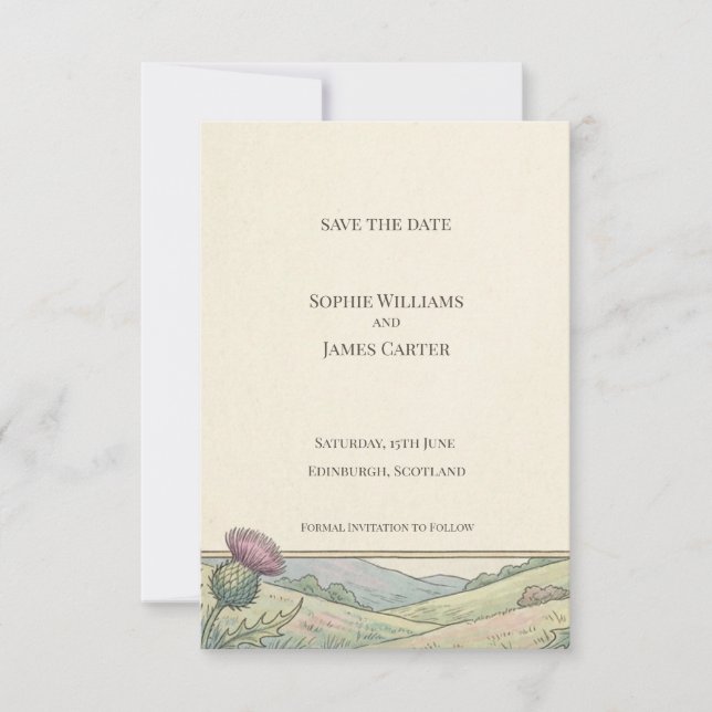 Vintage Distel Landschaft Save the Date Karte (Vorderseite)